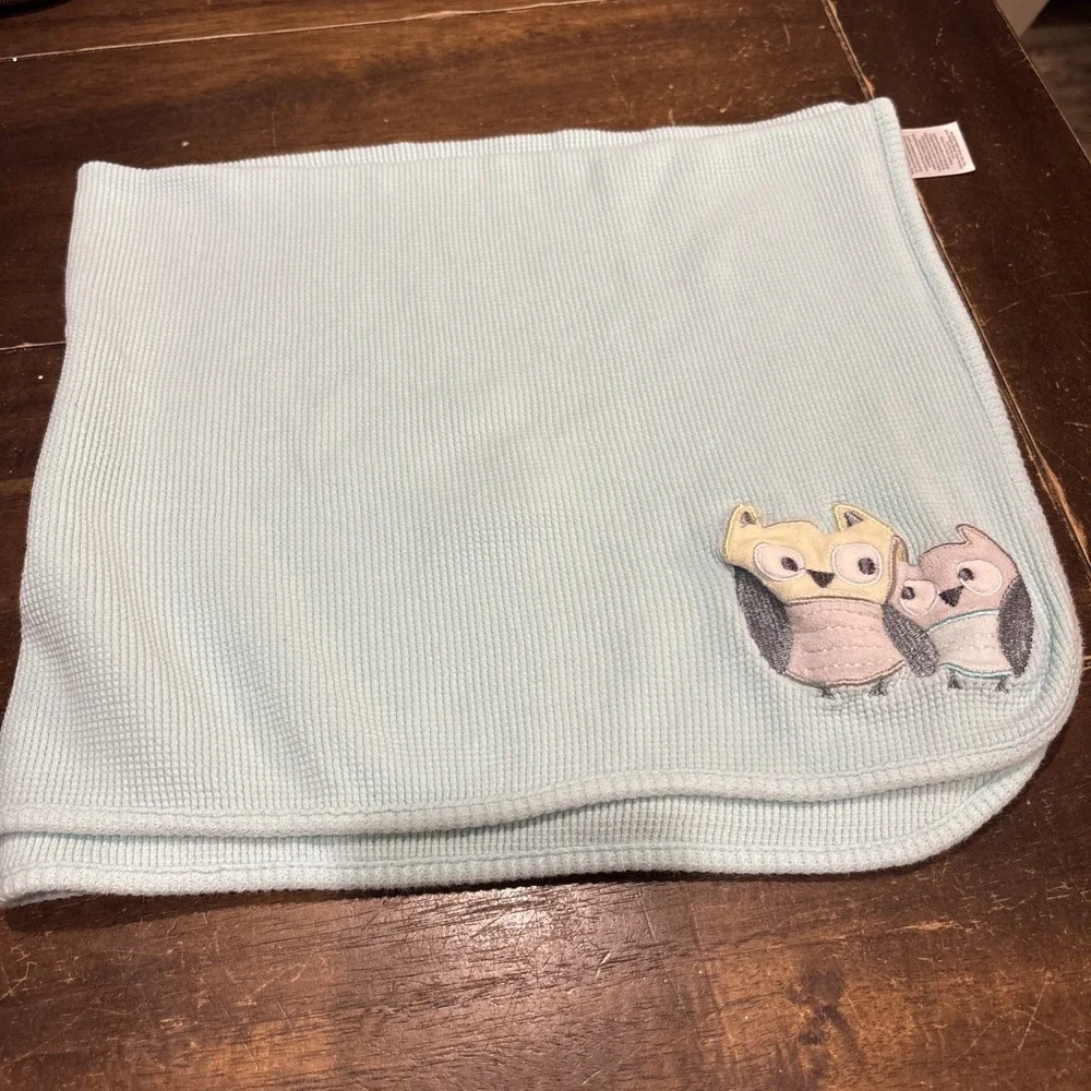 Just Born Baby Blanket Light Teal Blue Owl Receiving Thermal‎ Cotton Security